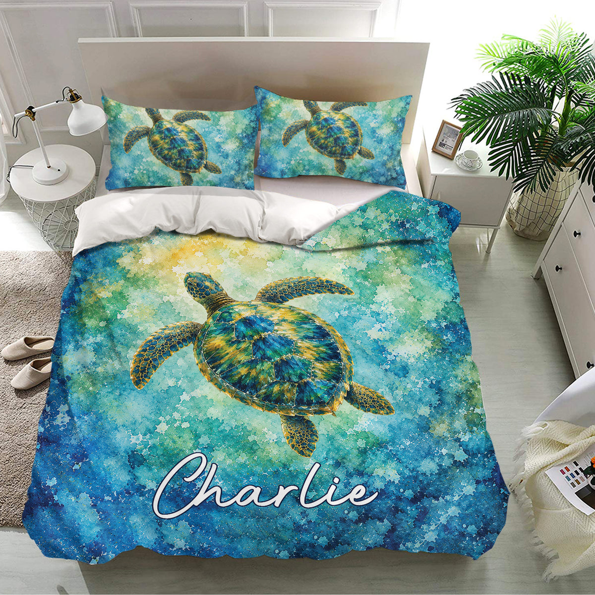 Colorful watercolor sea turtle duvet cover set presented in a modern bedroom with matching pillowcases
