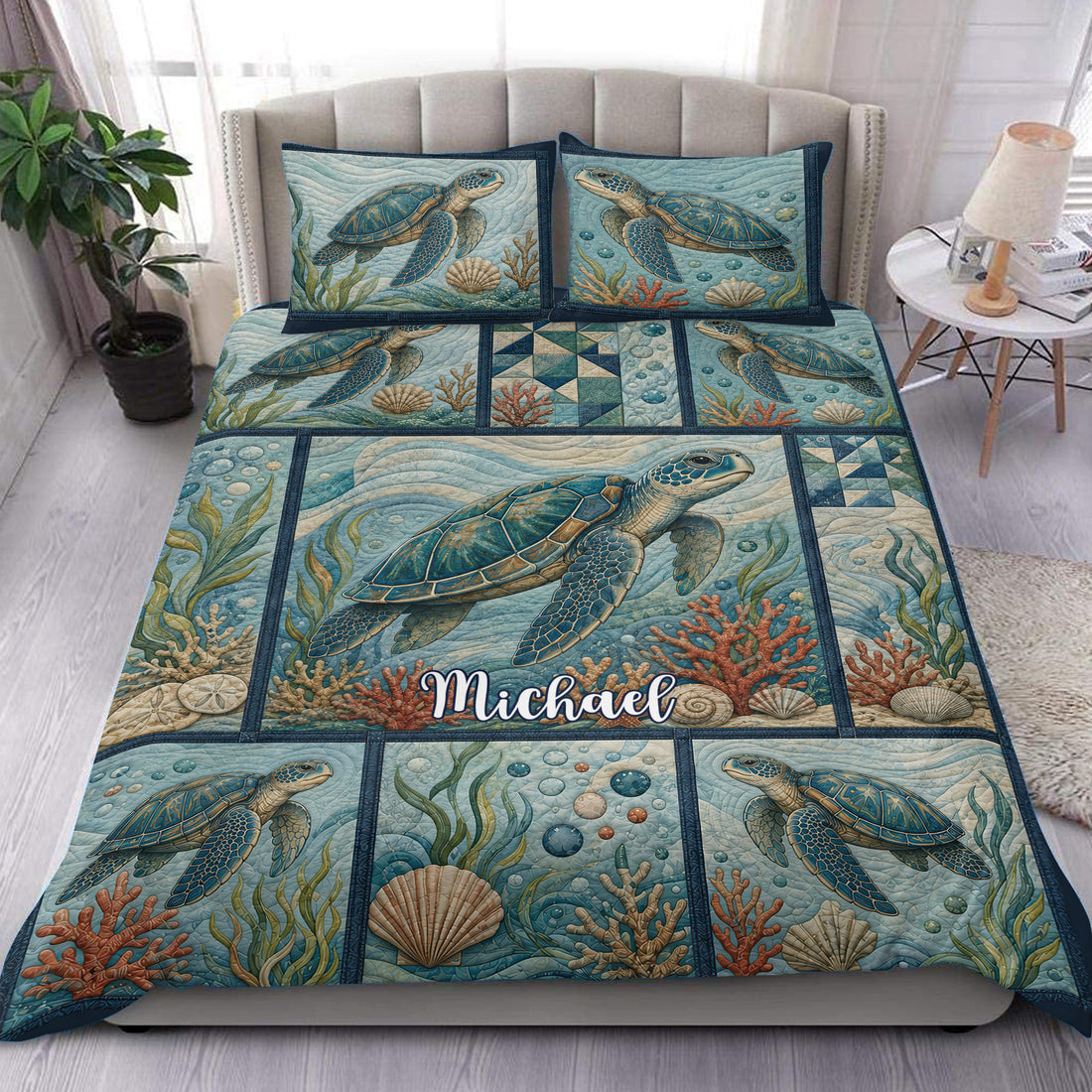 Turtle duvet cover set displayed on a bed with sea turtles, coral, shells, and ocean blue artwork
