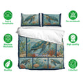 Turtle bedding set with sea turtle artwork, coral reef details, and breathable fabric feature icons