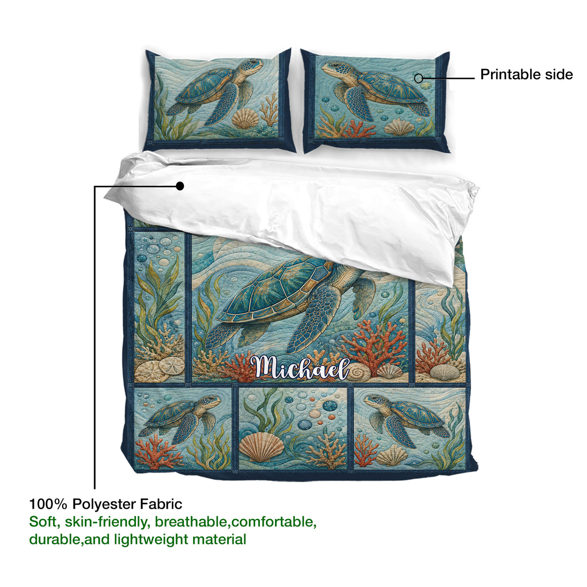 Turtle duvet cover bedding set shown with printable artwork and sea turtles swimming through coral