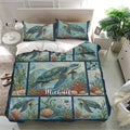 Turtle bedding set displayed in a bright bedroom with sea turtles, coral reef scenes, and ocean colors