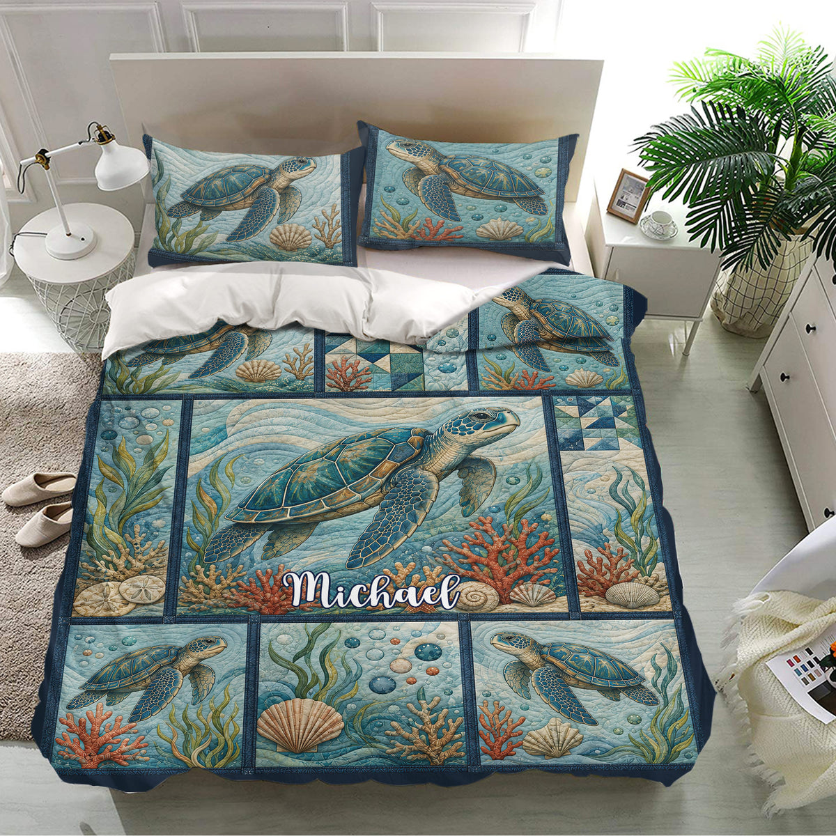 Turtle bedding set displayed in a bright bedroom with sea turtles, coral reef scenes, and ocean colors