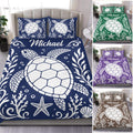 Custom turtle duvet cover set in navy with sea turtles, coral, shells, and starfish for ocean bedroom decor