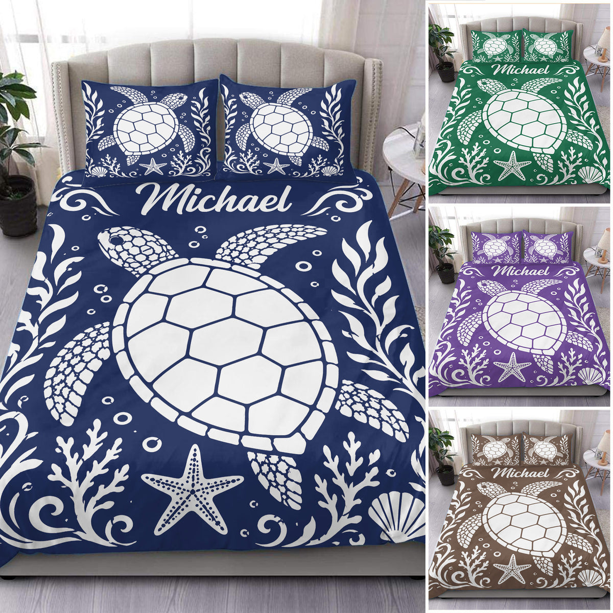 Custom turtle duvet cover set in navy with sea turtles, coral, shells, and starfish for ocean bedroom decor