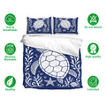 Navy turtle bedding set displayed with matching pillowcases and soft breathable fabric feature icons