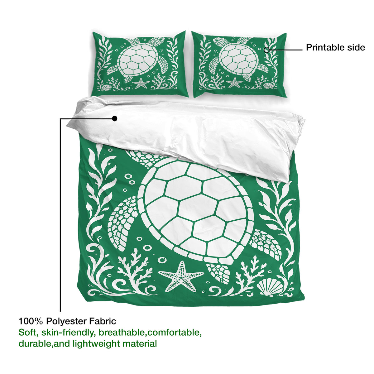 Green turtle duvet cover set showing the printable side, polyester fabric, and large sea turtle artwork