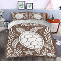 Brown sea turtle duvet cover styled in a cozy bedroom with coastal artwork and matching pillowcases