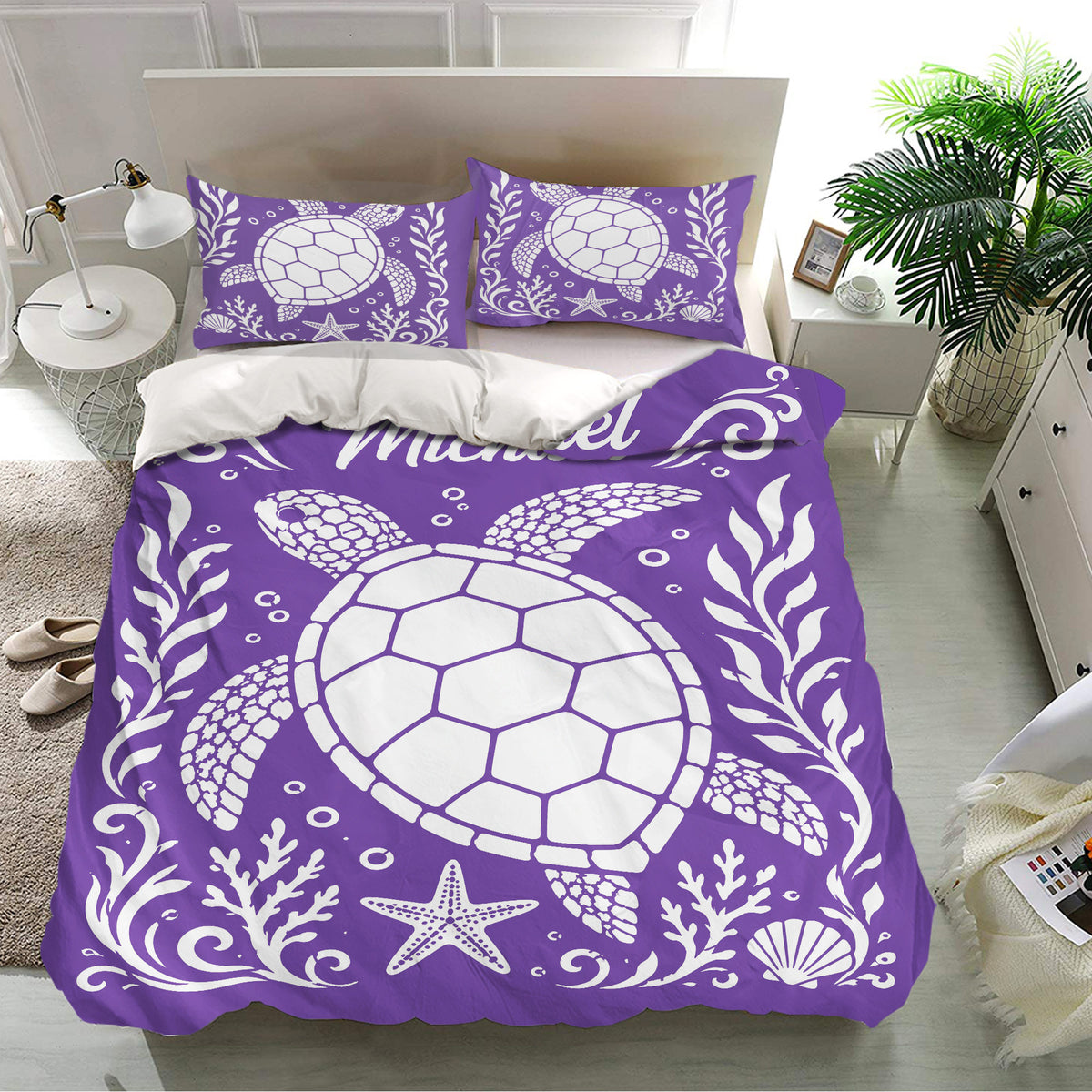 Purple turtle bedding set presented in a bright bedroom with ocean-inspired sea turtle and coral artwork