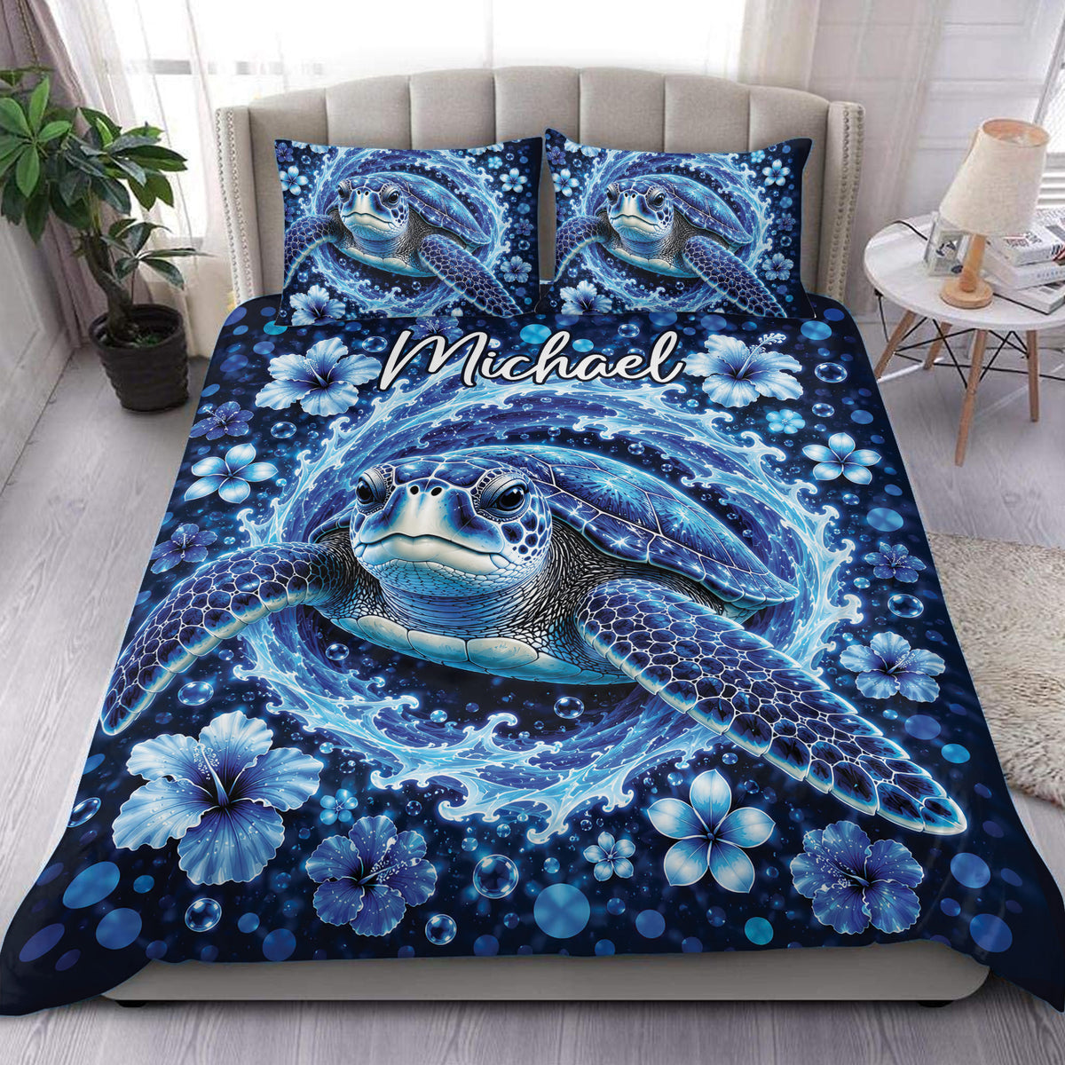 Blue turtle duvet cover set displayed on a bed with ocean waves, hibiscus flowers, and matching pillowcases