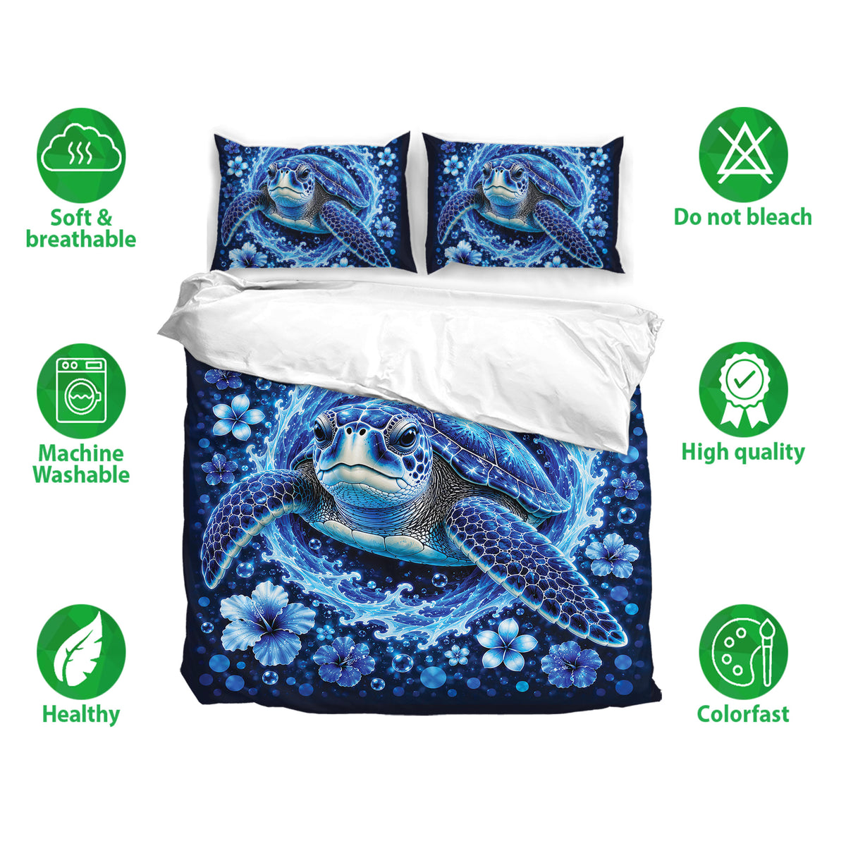 Sea turtle bedding set shown on a bed with blue ocean artwork, matching pillowcases, and feature icons