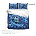 Sea turtle duvet cover bedding set with a blue ocean design, matching pillows, and fabric callout