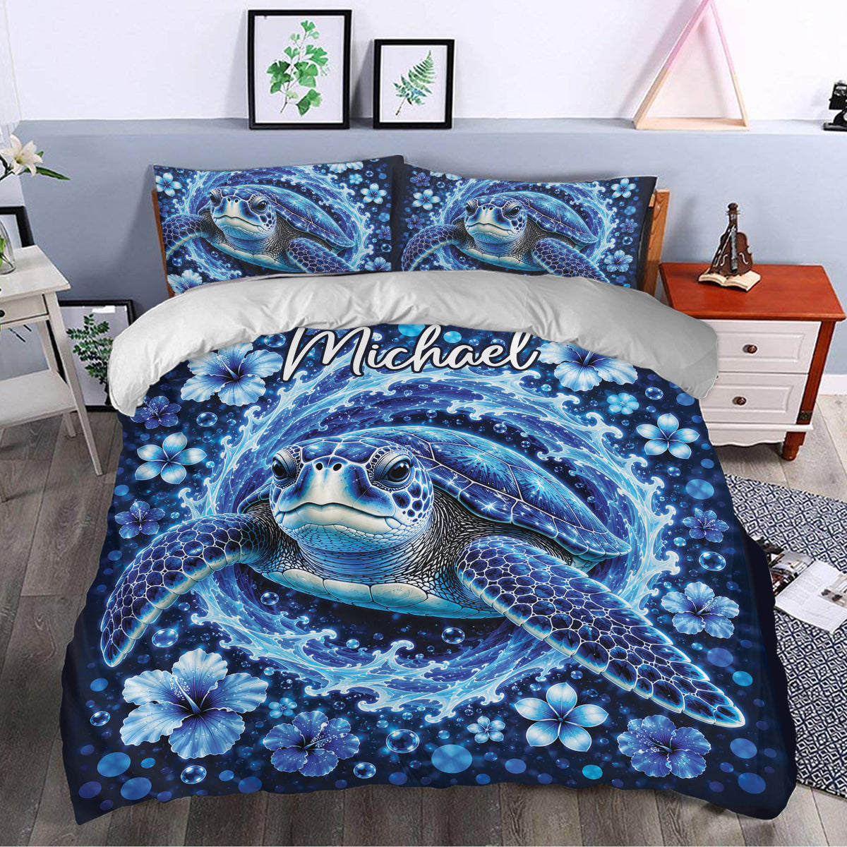 Turtle duvet cover set styled in a bedroom with blue ocean waves, tropical flowers, and matching pillows