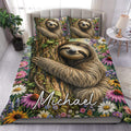 Sloth duvet cover set with colorful wildflowers and woodland artwork styled in a bright bedroom