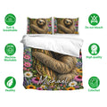 Sloth bedding set displayed with floral woodland artwork and soft breathable fabric feature icons