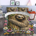 Floral sloth duvet cover styled across a bedroom with colorful woodland artwork