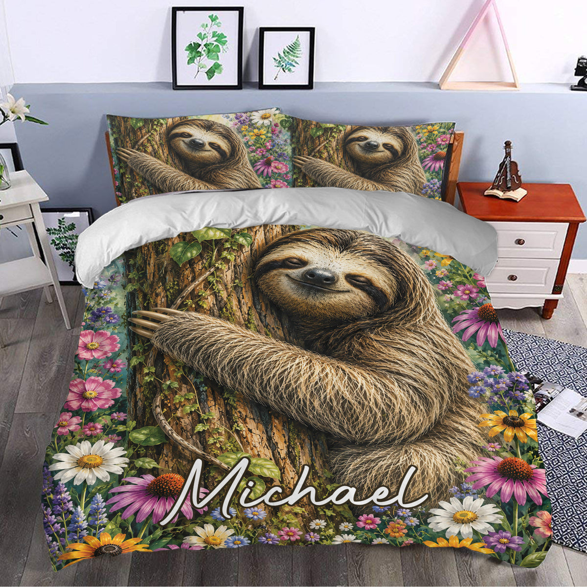 Floral sloth duvet cover styled across a bedroom with colorful woodland artwork
