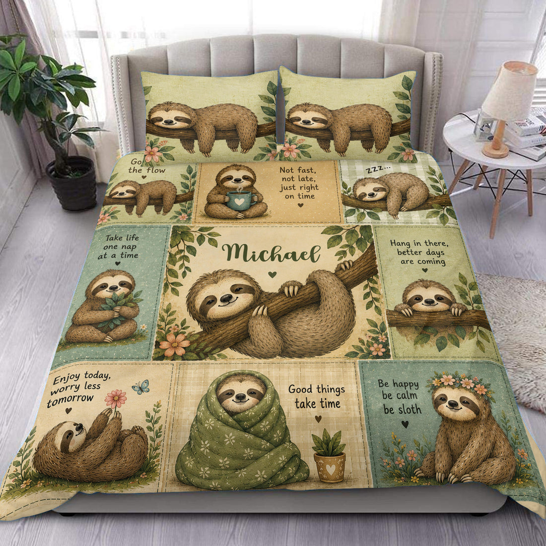 Sloth duvet cover bedding set styled on a bed with leafy artwork, flowers, and calming nature-inspired colors