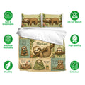 Sloth duvet cover set displayed with matching pillowcases and soft, breathable, machine-washable bedding features