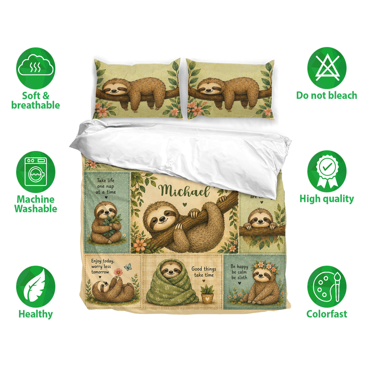 Sloth duvet cover set displayed with matching pillowcases and soft, breathable, machine-washable bedding features