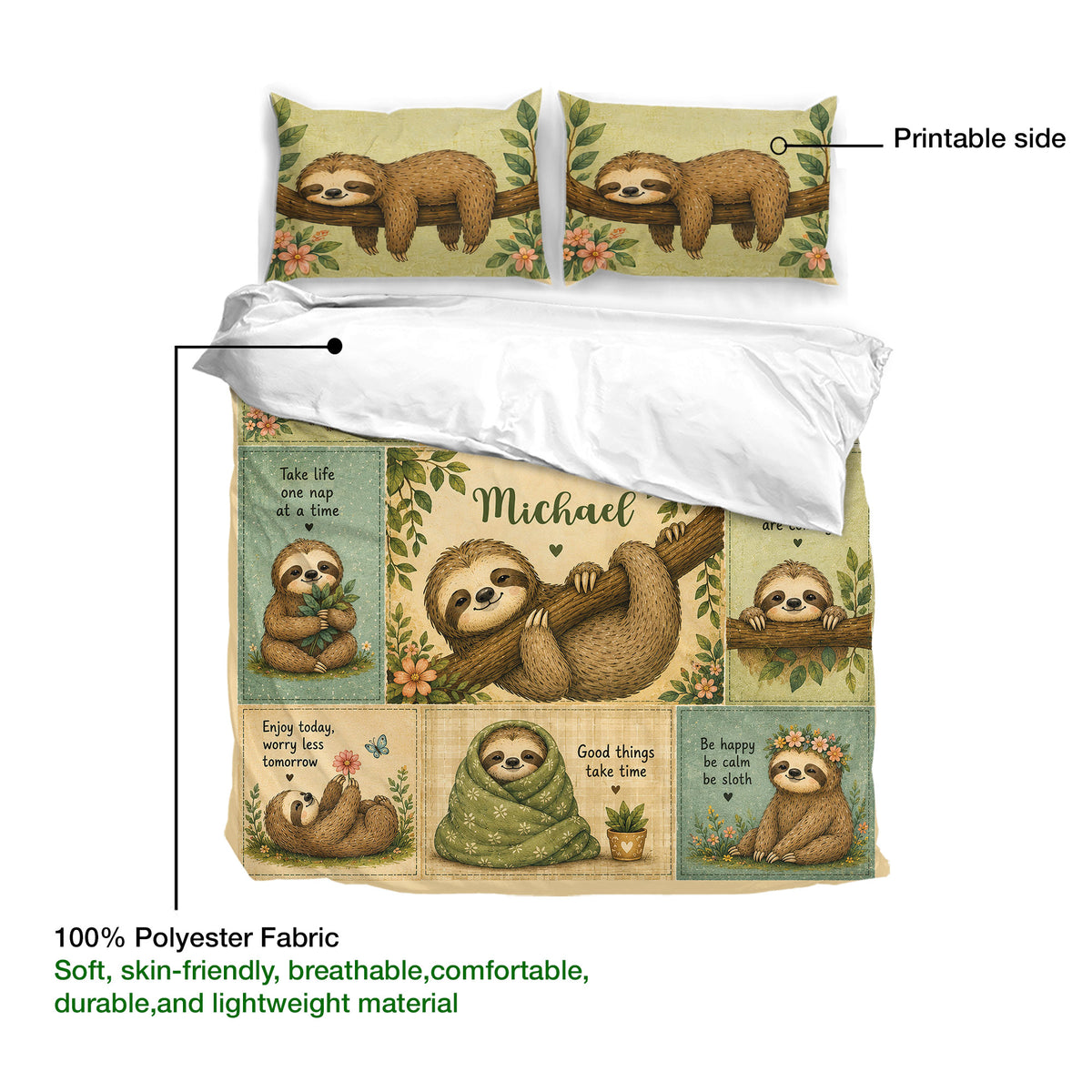 Sloth bedding set shown with printable artwork, leafy details, matching pillowcases, and lightweight fabric labeling