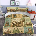 Sloth duvet cover styled in a bedroom with sleeping sloths, floral accents, leafy panels, and relaxing sayings
