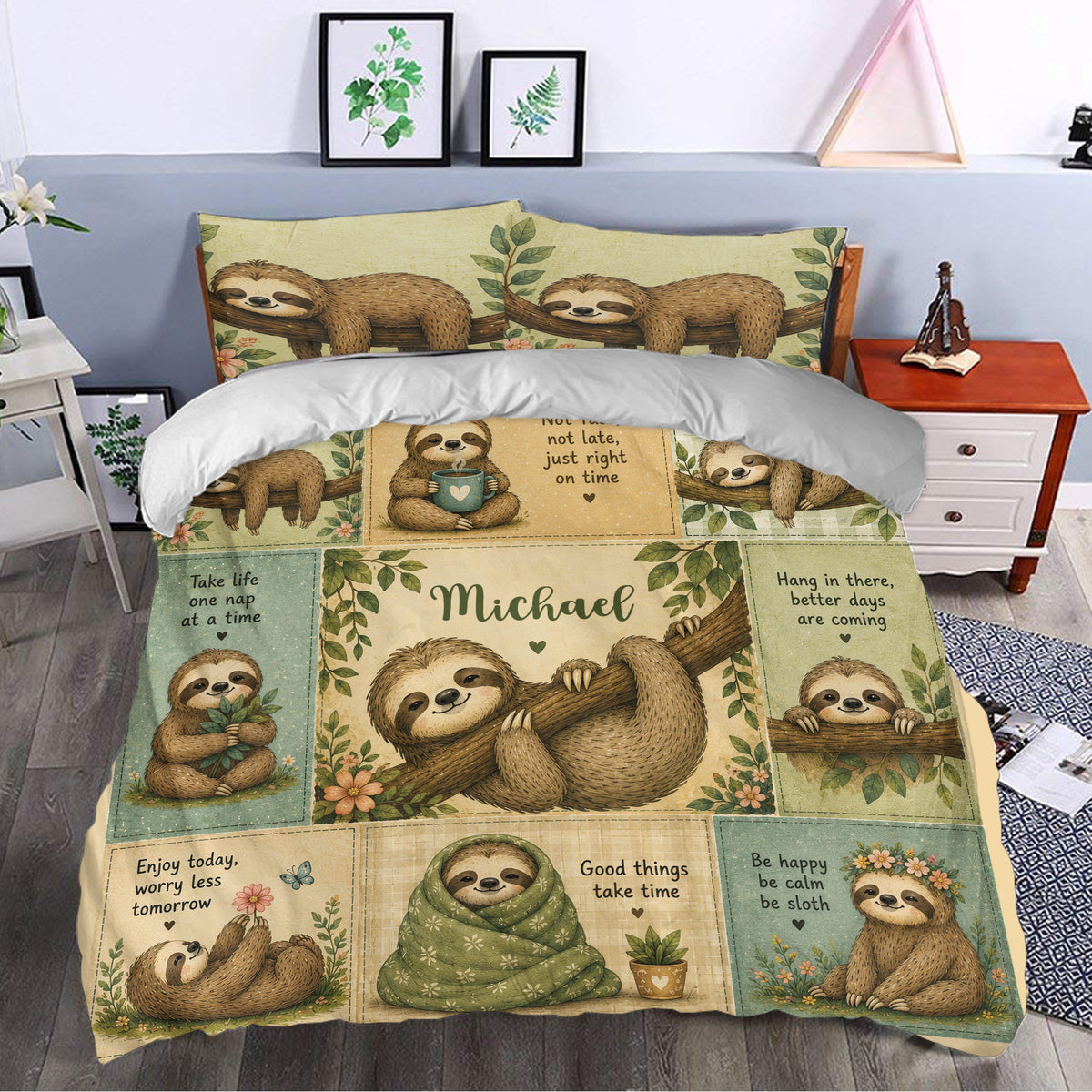 Sloth duvet cover styled in a bedroom with sleeping sloths, floral accents, leafy panels, and relaxing sayings