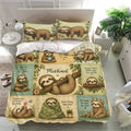 Sloth duvet cover bedding set presented in a bright bedroom with matching pillowcases and peaceful nature artwork