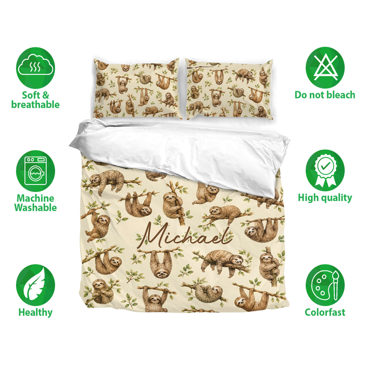 Sloth bedding set with matching pillowcases, leafy branch artwork, and soft cream botanical styling