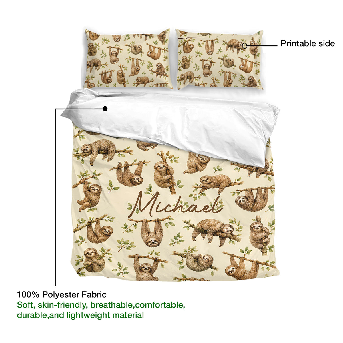 Sloth duvet cover set shown with printable artwork side and lightweight polyester fabric detail