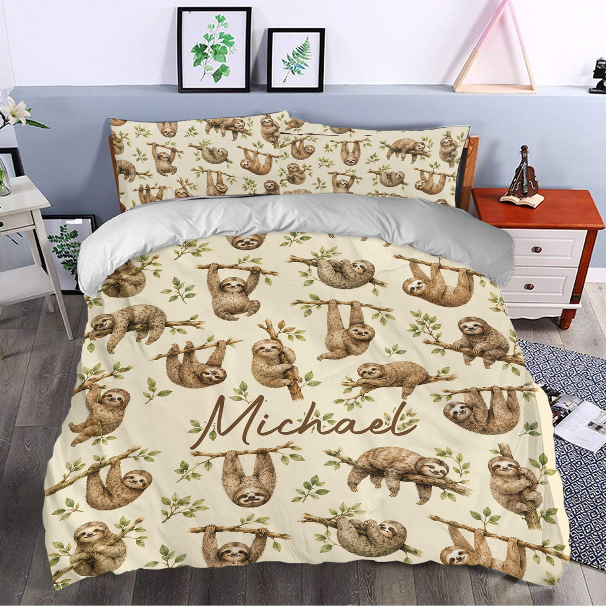 Sloth bedroom decor featuring a leafy branch duvet cover design in a bright contemporary room