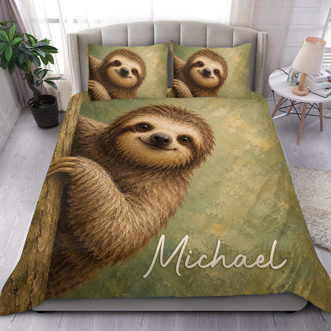 Sloth duvet cover bedding set displayed on a modern bed with matching sloth pillowcases