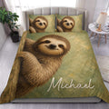 Sloth duvet cover bedding set displayed on a modern bed with matching sloth pillowcases