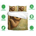 Sloth duvet cover set with matching pillowcases shown with soft breathable and machine washable features