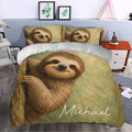 Sloth duvet cover bedding set styled in a bedroom with green woodland artwork and matching pillows