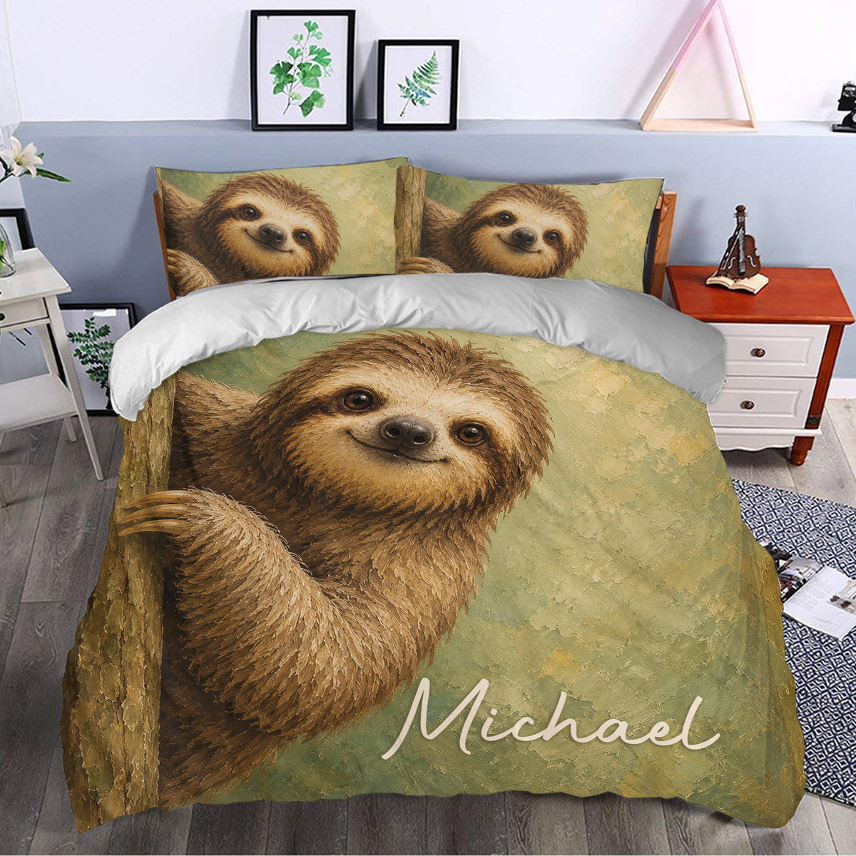 Sloth duvet cover bedding set styled in a bedroom with green woodland artwork and matching pillows
