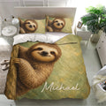 Sloth duvet cover set presented in a bright bedroom with a large realistic sloth design
