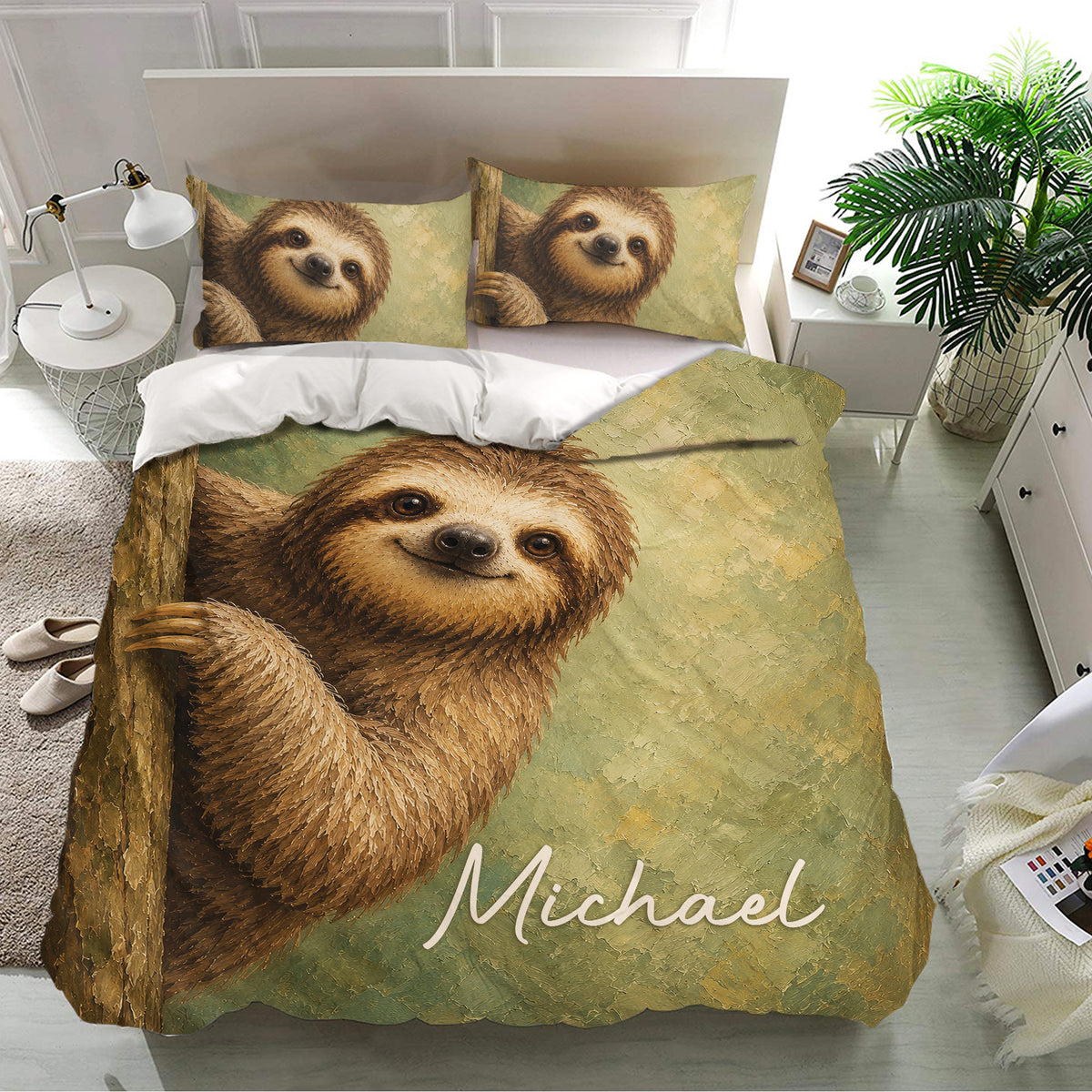 Sloth duvet cover set presented in a bright bedroom with a large realistic sloth design