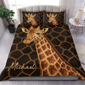 Giraffe duvet cover bedding set with a large portrait, dark brown geometric pattern, and bedroom styling