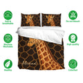 Giraffe duvet cover set displayed with matching pillowcases and visible fabric and care feature icons
