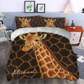 Giraffe duvet cover with matching pillowcases styled in a modern bedroom with warm safari decor