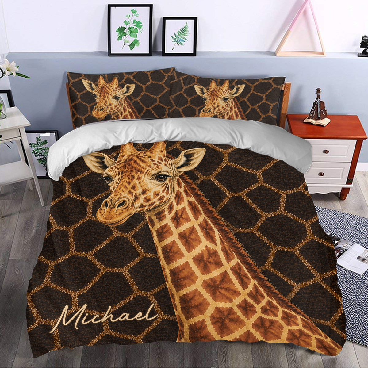 Giraffe duvet cover with matching pillowcases styled in a modern bedroom with warm safari decor