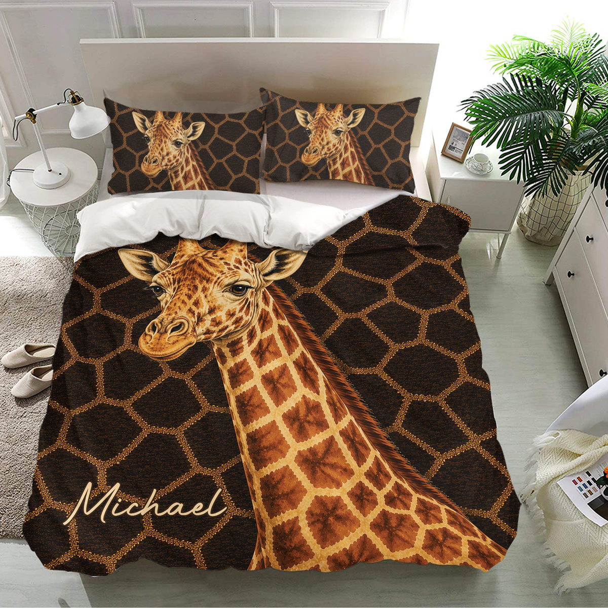 Giraffe bedding set presented in a bright bedroom with dark brown geometric artwork and golden accents