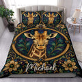 Giraffe duvet cover set with stained-glass artwork, ornate floral details, and rich blue, gold, and green tones