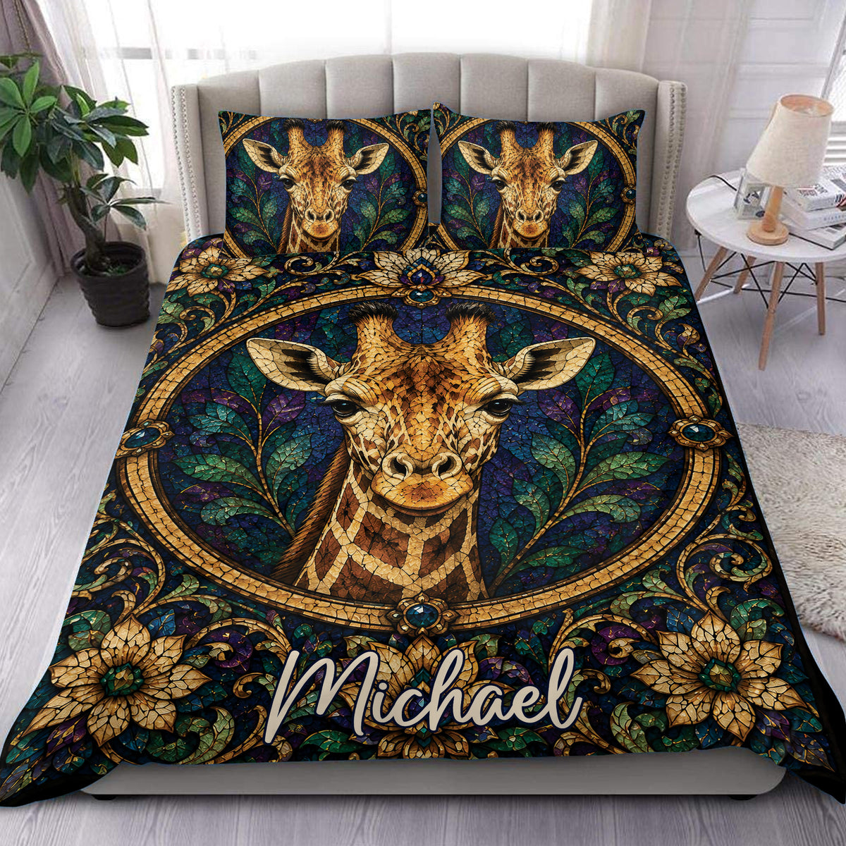 Giraffe duvet cover set with stained-glass artwork, ornate floral details, and rich blue, gold, and green tones