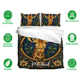 Giraffe duvet cover bedding set displayed on a bed with matching printed pillowcases and ornate botanical artwork