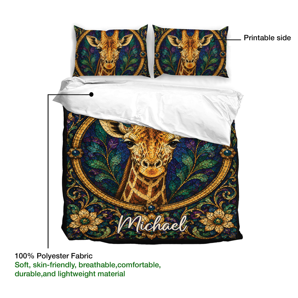 Giraffe duvet cover set detail showing the printed side, soft white reverse, and vivid stained-glass style design