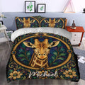 Giraffe duvet cover styled in a bedroom with a large central giraffe portrait, floral borders, and jewel-tone colors