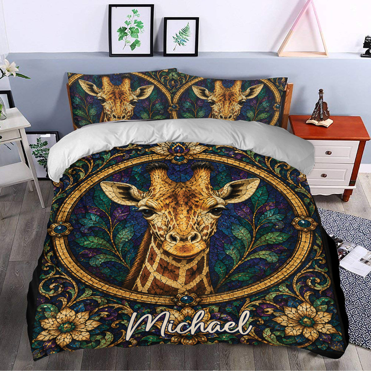 Giraffe duvet cover styled in a bedroom with a large central giraffe portrait, floral borders, and jewel-tone colors