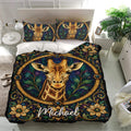 Giraffe bedding set presented in a bright bedroom with matching pillowcases and detailed botanical stained-glass artwork