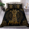 Black and gold giraffe duvet cover set displayed on a modern bed with matching patterned pillowcases